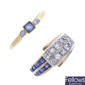 Two mid 20th century gold sapphire and diamond rings. 