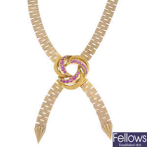 A 1960s 9ct gold ruby necklace.