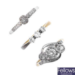 A selection of three mid 20th century diamond and gem-set dress rings.