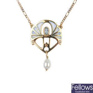 An 18ct gold aquamarine, cultured pearl and enamel necklace. 