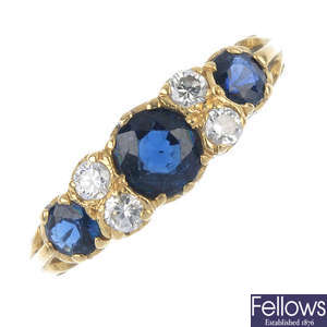 A mid 20th century 18ct gold sapphire and diamond ring.