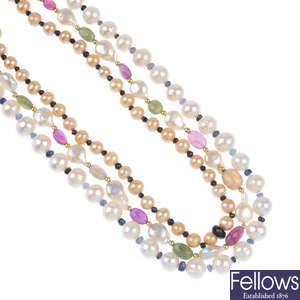 Three cultured pearl and multi-gem necklaces.