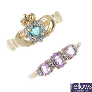 A selection of four diamond and gem-set dress rings.