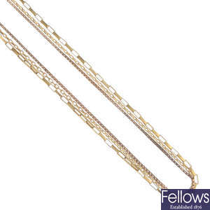 A selection of three 9ct gold necklaces.