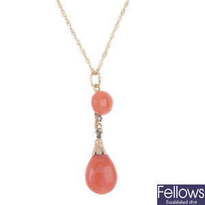 A coral and split pearl pendant, with chain.
