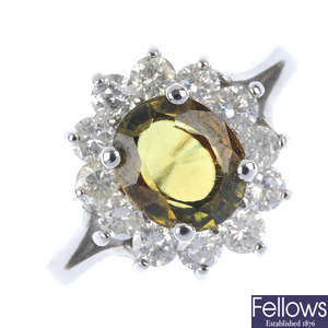 A sphene and diamond cluster ring.
