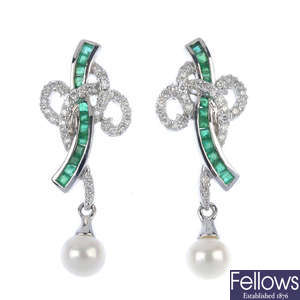 A pair of emerald, diamond and cultured pearl ear pendants. 
