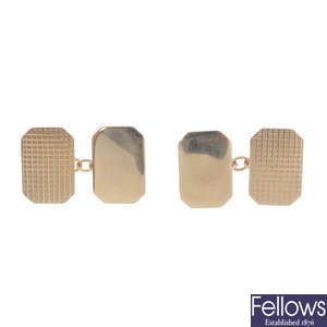 A selection of three pairs of 9ct gold cufflinks.