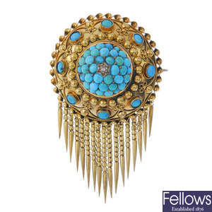 A mid 19th century gold turquoise and diamond memorial brooch.