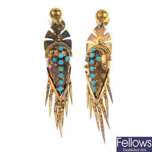 A pair of mid 19th century 18ct gold turquoise ear pendants.