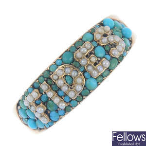 A late 19th century, 18ct gold turquoise and split pearl 'Fides' ring. 