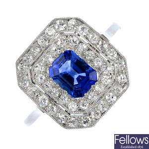 An early 20th century platinum sapphire and diamond cluster ring.