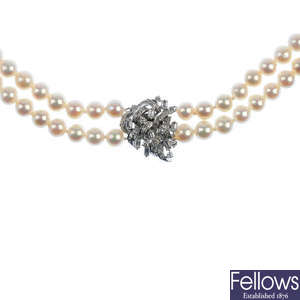 A cultured pearl and diamond necklace.