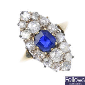 A sapphire and diamond marquise cluster ring.