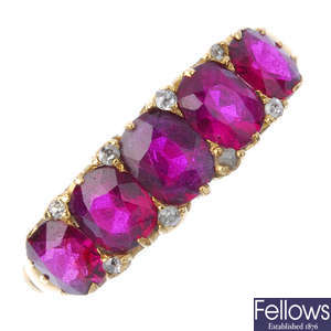 A late Victorian 18ct gold ruby and diamond five-stone ring.