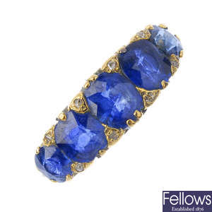 A sapphire and diamond five-stone ring. 
