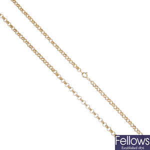 A 9ct gold belcher link chain, with an early 20th century 9ct gold T-bar and a clasp.