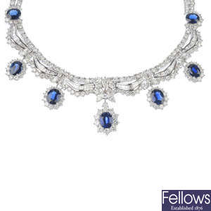 A diamond and sapphire set necklace, set throughout with marquise, brilliant and baguette cut stones