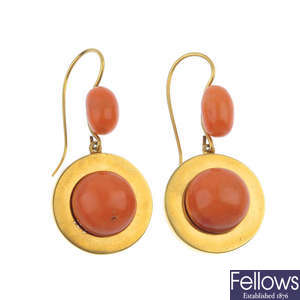 A pair of late 19th century gold coral ear pendants.