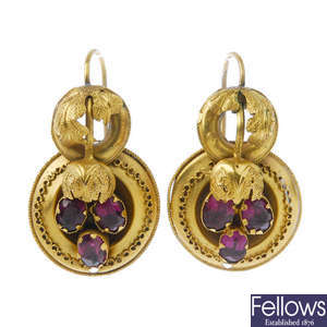 A pair of mid 19th century gold garnet ear pendants. 