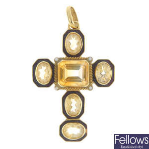 An 18ct gold citrine and enamel cross. 
