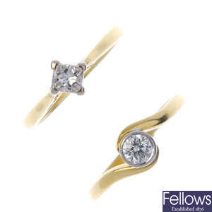 Two 18ct gold diamond single-stone rings. 