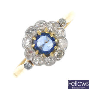 An early 20th century 18ct gold sapphire and diamond floral cluster ring.