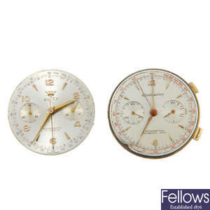 A pair of chronograph watch movements, by Butex and Rower, both with dials.