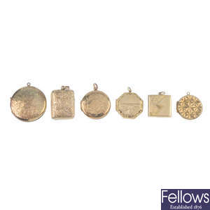 A selection of six early to mid 20th century 9ct gold back and front lockets.