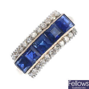 A mid 20th century gold sapphire and diamond ring.