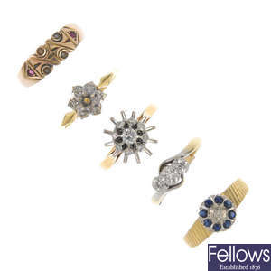 A selection of five diamond and gem-set rings.