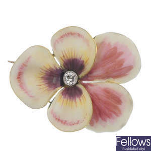 A mid 20th century diamond and enamel pansy brooch.