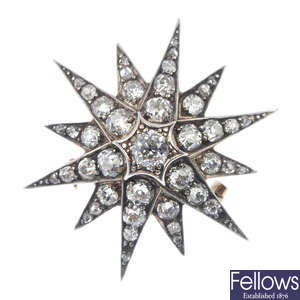 A late Victorian silver and 12ct gold diamond star brooch, circa 1890.