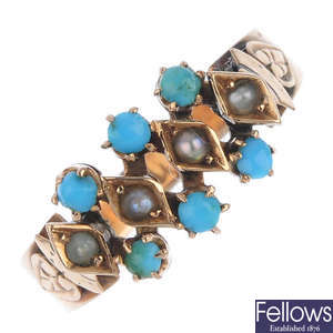 A late 19th century gold turquoise and split pearl expandable ring.