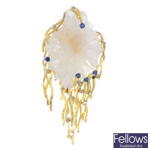A 1970s 18ct gold sapphire and rock crystal brooch.