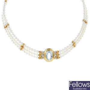 A topaz, diamond and cultured pearl collar.