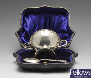An early twentieth century Irish cased silver bowl and spoon.