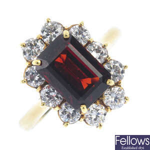 A garnet and diamond cluster ring.