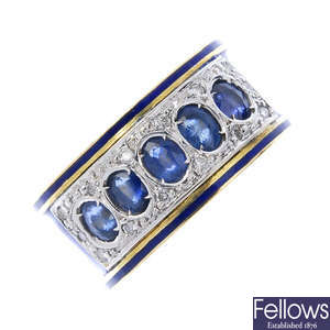 A sapphire, diamond and enamel band ring.