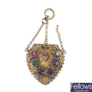 A mid 19th century gold gem-set 'regard' heart locket.