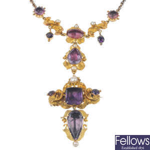 An early 19th century gold amethyst and split pearl necklace and matching brooch.