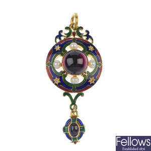 A mid 19th century gold Holbeinesque, garnet, pearl and enamel pendant.