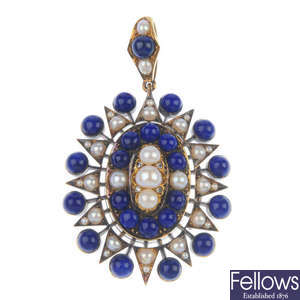 A mid 19th century gold split pearl, lapis lazuli and diamond accent pendant.