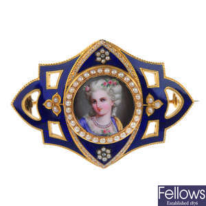 A mid 19th century gold, enamel and split pearl brooch.