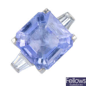 A sapphire and diamond ring. 