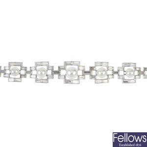 A cultured pearl and diamond bracelet.