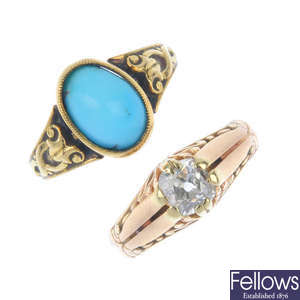 A selection of three early 20th century gold, diamond and gem-set rings.