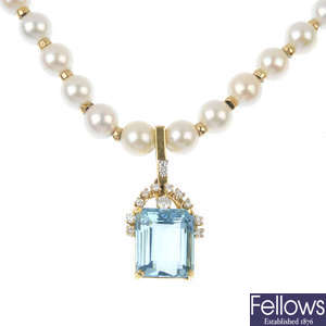 A cultured pearl, diamond and paste necklace.
