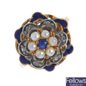 A sapphire, diamond, seed pearl and enamel floral ring.