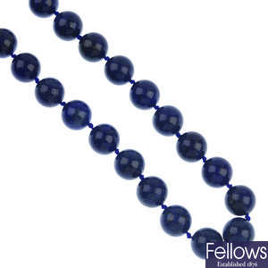 A lapis lazuli bead necklace with earrings, cufflinks and brooch.